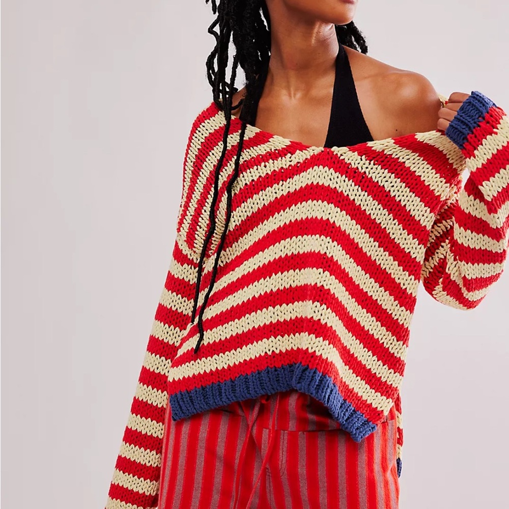 Free People Portland Pullover Off-the-Shoulder Sweater in Red and Blue